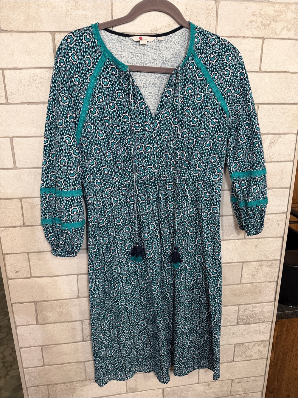 Boden Teal Navy Floral-Print Tie-Front Midi Dress